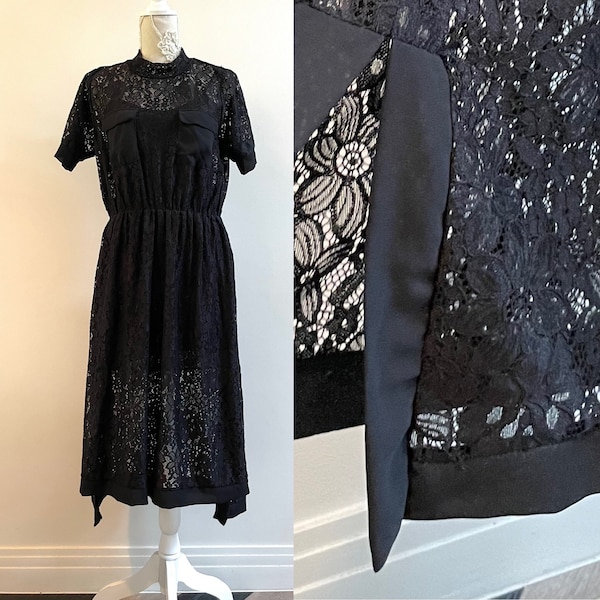 Two Layers Dress Black Lace Romantic Flower Vintage Asymmetric Boho Bohemian Evening Log Floral Transparent Dress Size M