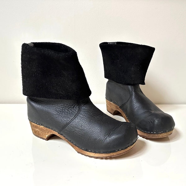 Clog Boots Black Leather Wooden Heel Wood Shoes Swedish Clog Booties Bohemian Festival Boot Made in Danish Sanita Clogs EU 38