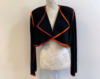 90s Vintage Black Velvet Jacket Women's Long Sleeves Bolero Cropped Padded Blazer Bowlero Evening Jacket Color Details Size S/M