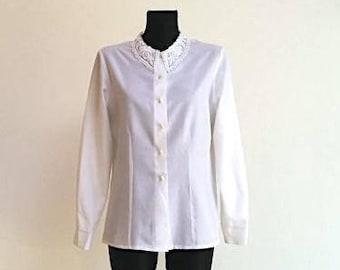 White Blouse Cotton Secretary's Pearl Button up Blouse Long Sleeves Casual Lace Collar Cotton Shirt Back To School