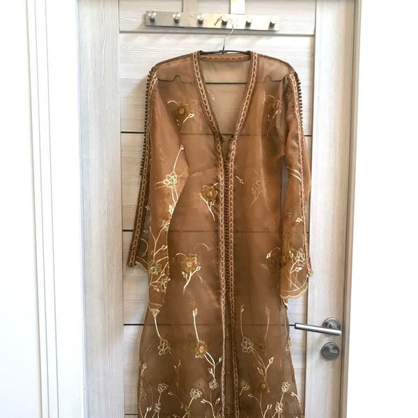 Tunic Ethnic Embroidered Indian Kaftan Golden Floral Transparent Elegant Night Gown Gold Flowers Embellished Sexy Beach Caftan Tunic XS