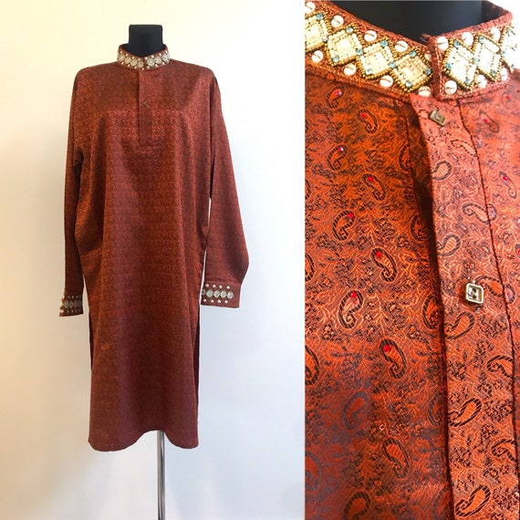 Men S Sherwani Wedding Copper Brocade India Long Jacket Etsy
