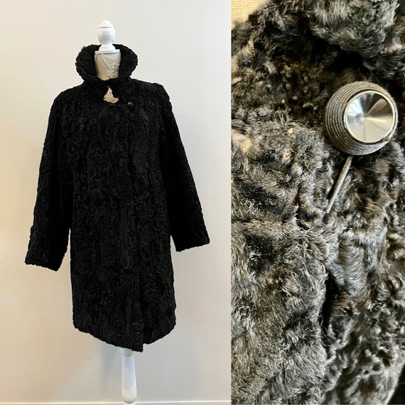 Vintage 70s - 80s Coat Black Caracul Fur Women's … - image 1