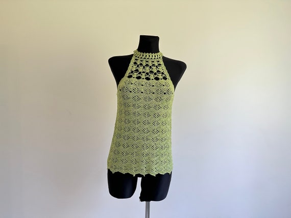 Green Vintage Crochet Summer Knit Top Blouse Tran… - image 2