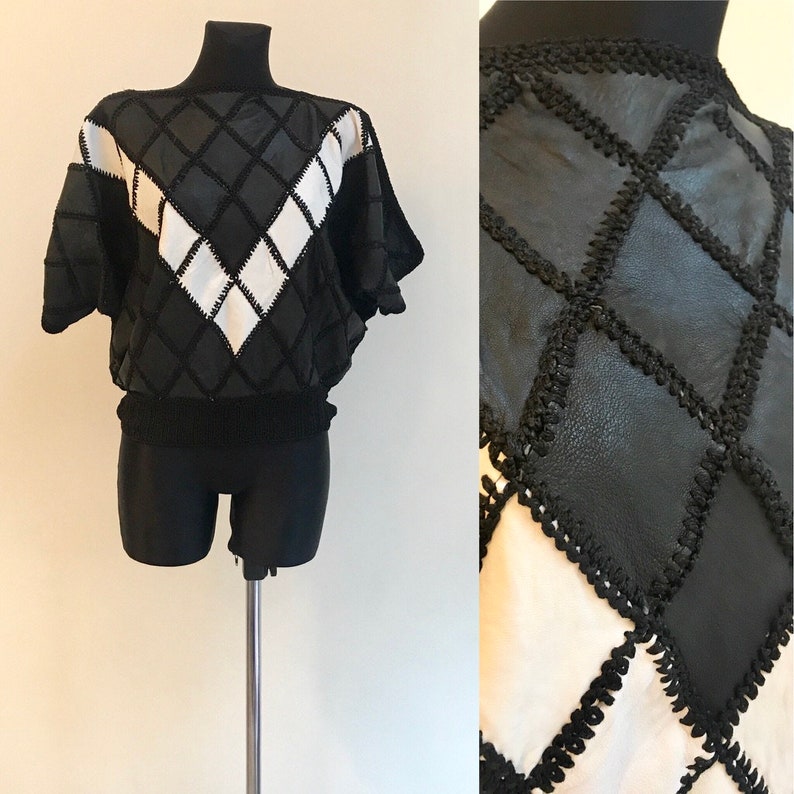 1990's Vintage Rhombus Leather Pullover Black White Crop - Etsy