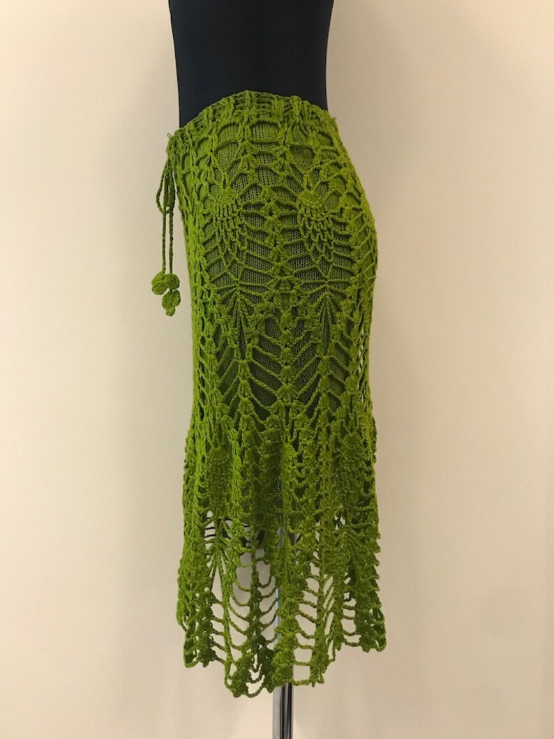 Vinatage Crochet Midi Skirt Moss Green Two Layers Romantic Bell Knit Skirt Elegant Hand Made Secretary Skirt Back to Shool skirt Size M