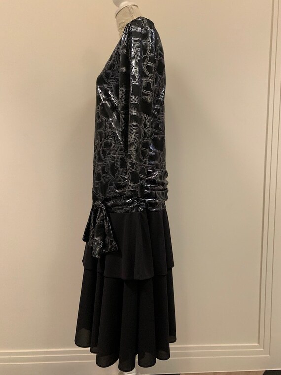 80s Vintage Prom Black Silver Metalic Shine Dress… - image 3