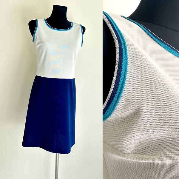 Vintage Sleeveless Blue White Sport Dress Sailor Tennis Slip Outfit  Stretchy 70s 80s Clothing Beach Dress Festival Made in Sweden M/L