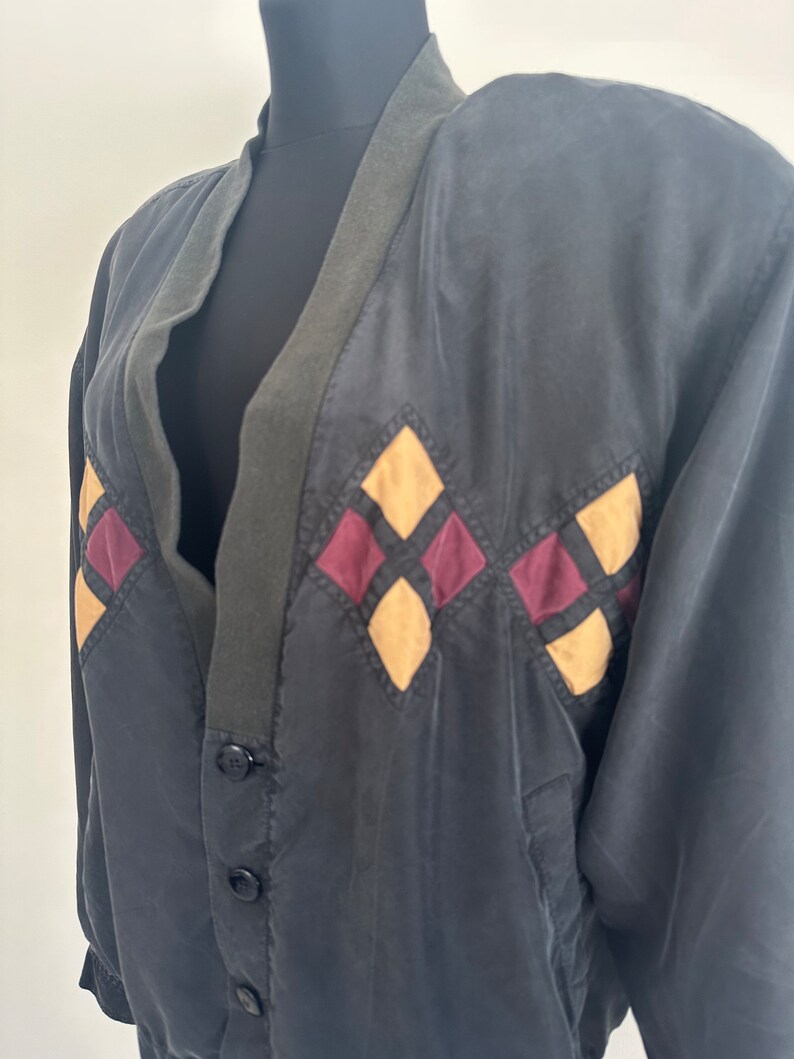 Vintage 90s Men's Black Rhombus Silk Jacket Soft Light Weight Blazer Bomber Cropped Street style Jacket Size M/L image 3