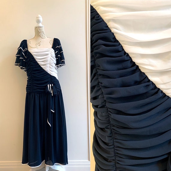 80s Vintage Prom Blue White Drapped Frill Dress R… - image 1