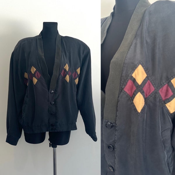 Vintage 90s Men's Black Rhombus Silk Jacket Soft Light Weight Blazer Bomber Cropped Street style Jacket Size M/L