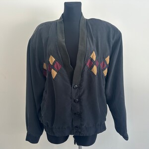 Vintage 90s Men's Black Rhombus Silk Jacket Soft Light Weight Blazer Bomber Cropped Street style Jacket Size M/L image 2