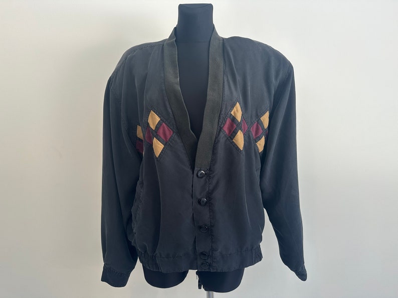 Vintage 90s Men's Black Rhombus Silk Jacket Soft Light Weight Blazer Bomber Cropped Street style Jacket Size M/L image 2