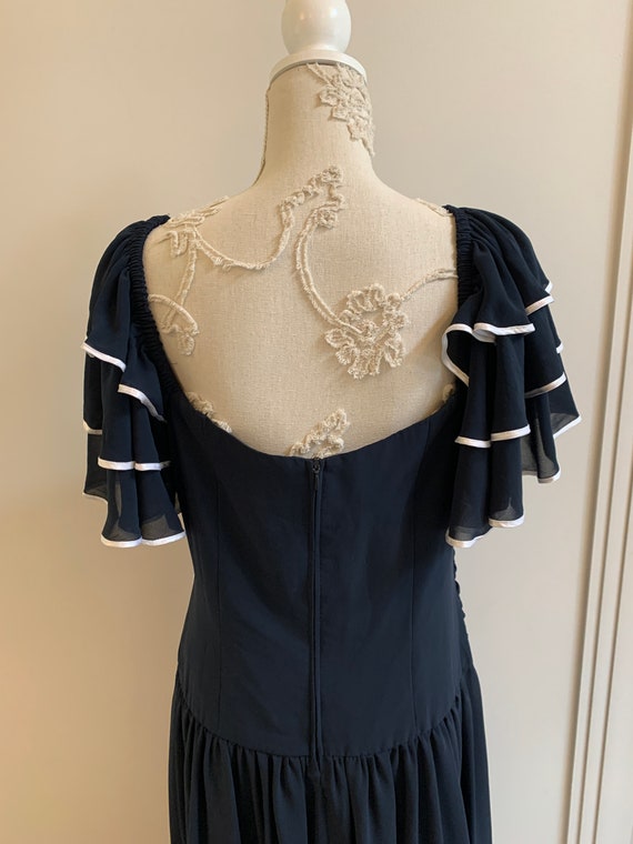 80s Vintage Prom Blue White Drapped Frill Dress R… - image 9
