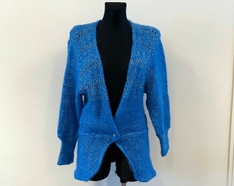 Warm Knitted Blue Long Jacket Knit Cardigan Mohair Women's Winter Waistcoat Fall Coat Gift to her Size S/M