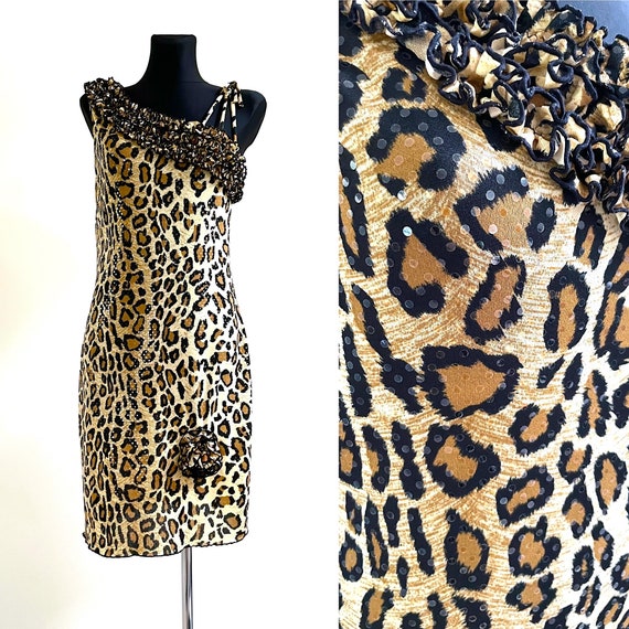 Evening Leopard Vintage Cocktail Dress Shiny One … - image 1