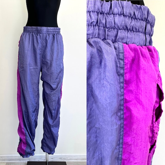 Pink Pants Neon Colors Women Track Pants Vintage 80s Windbreaker Pants  Running Trousers Sporty Athletic Gym Workout Elastic Waist Large Size 