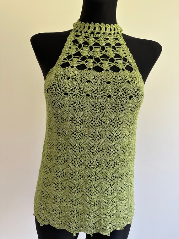 Green Vintage Crochet Summer Knit Top Blouse Tran… - image 3