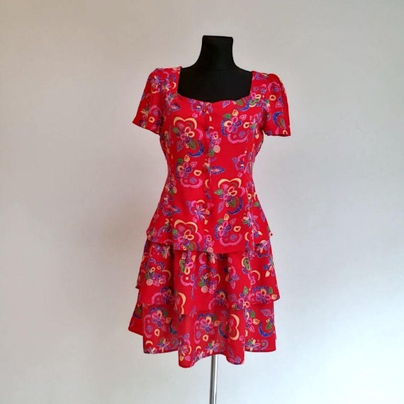 Red Floral Cotton Summer Dress Colorful Flower 80… - image 1