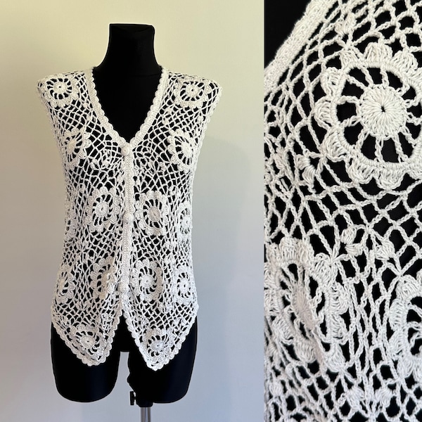 80's Vintage Women's Crochet White Vest Sleeveless Waistcoat Crocheted Top Bohemian Makramee Blouse Cover Boho Blazer Hand made Size M/L