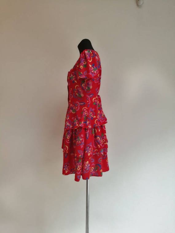 Red Floral Cotton Summer Dress Colorful Flower 80… - image 3