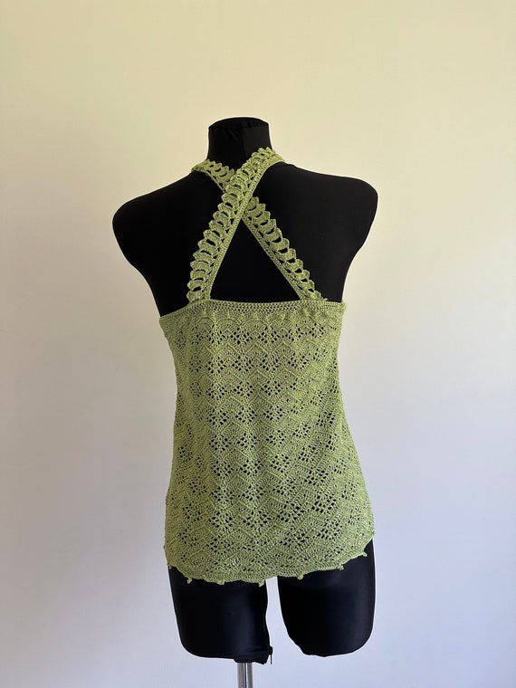 Green Vintage Crochet Summer Knit Top Blouse Tran… - image 6