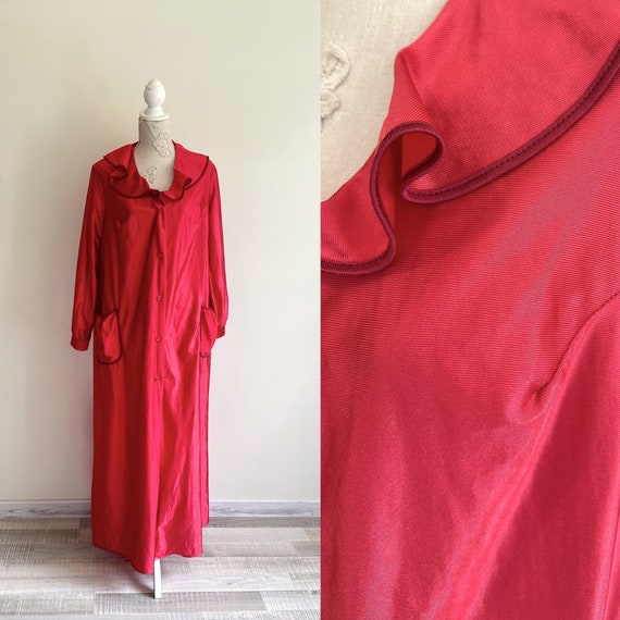 Vintage silky Red Shiny Satin Robe Long House Coa… - image 1