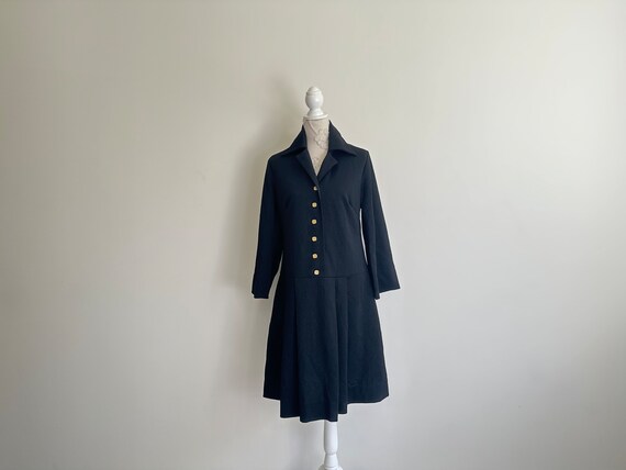 Crimplene Black Dress 70s Vintage Long Wide Bell … - image 2
