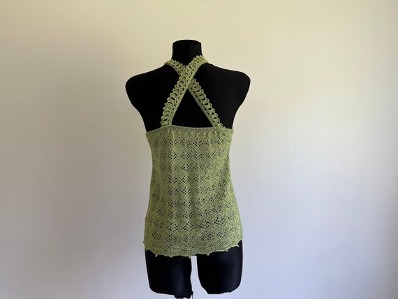 Green Vintage Crochet Summer Knit Top Blouse Tran… - image 7