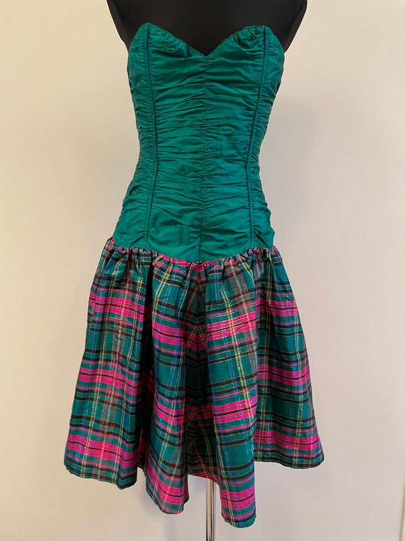 80s Vintage Prom Green Purple Stripped Puff Check… - image 2