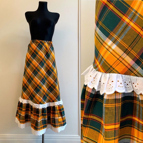 80s-90s Colorful Checkered Skirt Long Plaid Vinta… - image 1