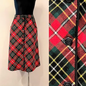 Vintage 80s Checkered Skirt Tartan Plaid Skirt Red  A line Buttoned  Wrap Back to School Skirt Made in England Size S