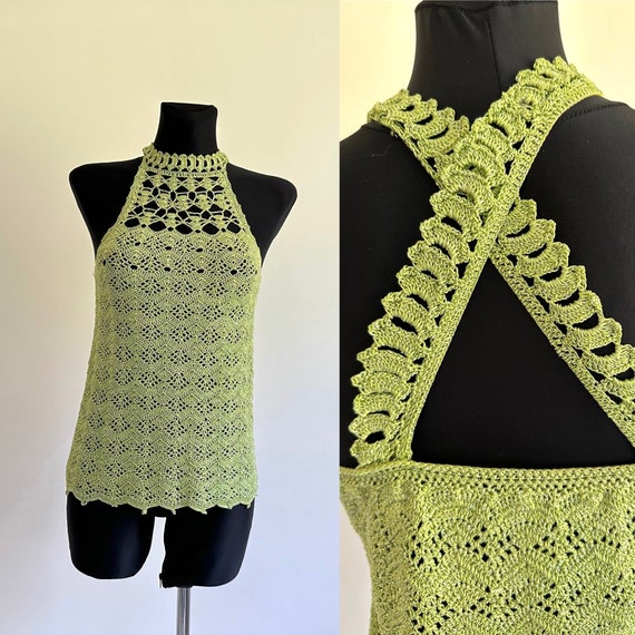 Green Vintage Crochet Summer Knit Top Blouse Tran… - image 1