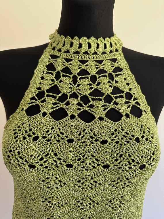 Green Vintage Crochet Summer Knit Top Blouse Tran… - image 4