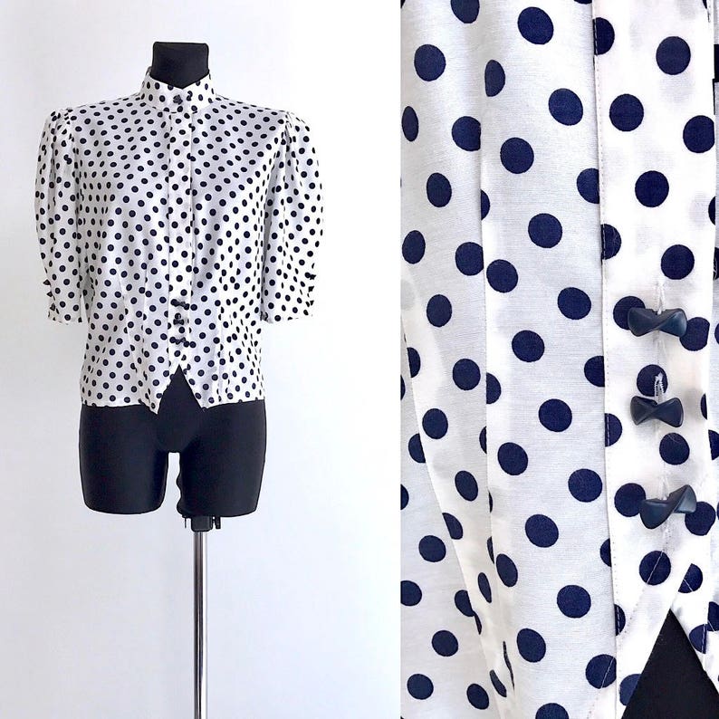 White Polka Dot Blouse Button up Blouse 