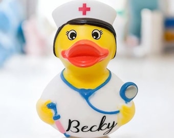 Personalized Name Nurse Yellow Rubber Duck Ducks - CN RN Medical Occupation - Custom Black Gray Brown Hair - Individual Large