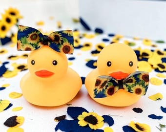 Sunflower Themed Yellow Rubber Duck Ducks - Multicolored Blue Flower - Individual or Sets