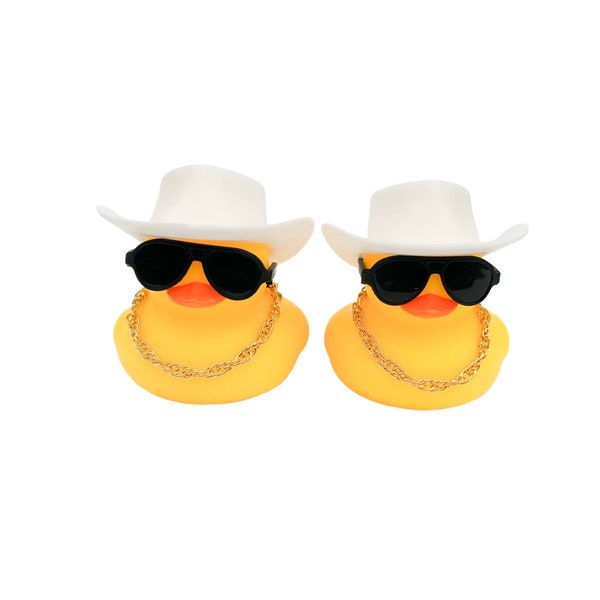 Cowboy White Hat Themed Yellow Rubber Duck Ducks - Gold Chain Necklace Black Sunglasses - Individual or Pack of 2