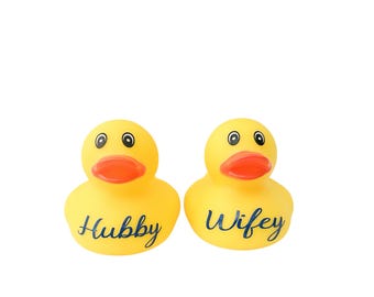 Personalized Wifey Hubby Yellow Themed Rubber Duck Ducks - Custom Color - Husband Wife - Individual or Pair