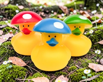 Mushroom Yellow Rubber Duck – Colorful Outdoor Plant Theme, Novelty - Red Blue Green