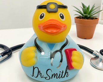 Pato de goma amarillo personalizado con nombre de doctor - Ocupación médica - Cabello negro, gris y marrón personalizado - Individual grande