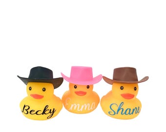 Personalized Name Cowboy Hat Themed Yellow Rubber Duck Ducks - Pink Brown Black - Individual - Custom Color