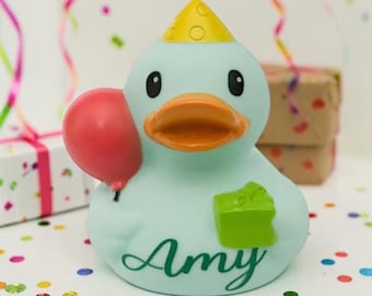 Personalized Name Yellow Aqua Blue Themed Rubber Duck Ducks - Custom Color - Birthday Celebration Party - Individual