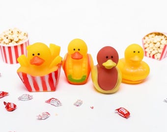 Yellow Food Themed Rubber Duck Ducks - Hamburger Taco Hot Dog Fries - Individual or Pack of 4