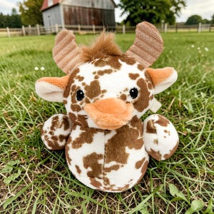 May include: A plush cow toy with a brown and white spotted pattern. The toy has brown horns, ears, and a tuft of brown hair. It is sitting in green grass.