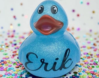 Patitos de goma personalizados con nombre y color a elegir - Color de purpurina personalizado - Individuales - Azul, naranja, rosa, dorado, negro, plateado, rojo y verde