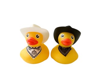 Cowboy Hat Themed Yellow Rubber Bandanna Duck Ducks - Black White - Buck Bucking Ducks - Individual or Pack of 2