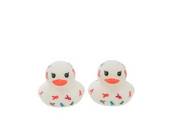 Patitos de goma blancos con temática de cinta de concientización sobre el cáncer (individuales o en juego)