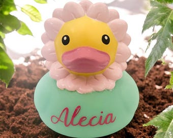 Personalized Name Pink Yellow Green Flower Themed Rubber Duck Ducks - Custom Color - Daisy Sunflower Plant - Individual