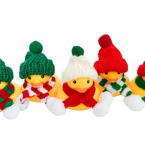 Yellow Holiday Beanie Hat Scarf Rubber Duck Ducks - Winter Cold So Cute - Individual or Sets - Red Green White - Pom Pom Stripes Solid